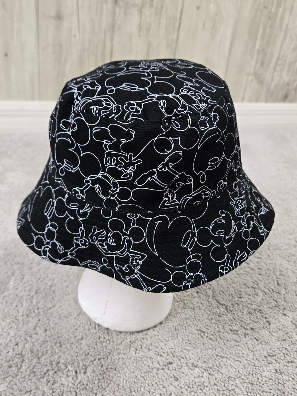 Disney Parks Reversible Bucket Hat Peace Sign Mickey Mouse Black All Over Print